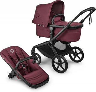 Bugaboo Fox 5 Renew, Multi-Terreno 2-in-1 kinderwagen voor kinderen, eenvoudige sluiting, ruime babykuip, uittrekbaar kinderzitje, zwart frame en kap Dark Cherry