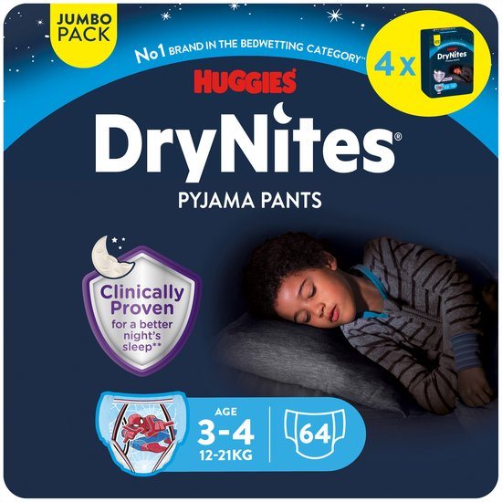 Huggies DryNites luierbroekjes - jongens - 3 tot 4 jaar (12 - 21 kg) - 64 nachtbroekjes - extra voordeel