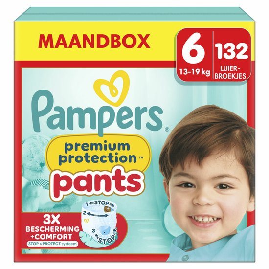 Pampers Premium Protection Pants Maat 6, x132 Luierbroekjes, 15kg+, Maandbox