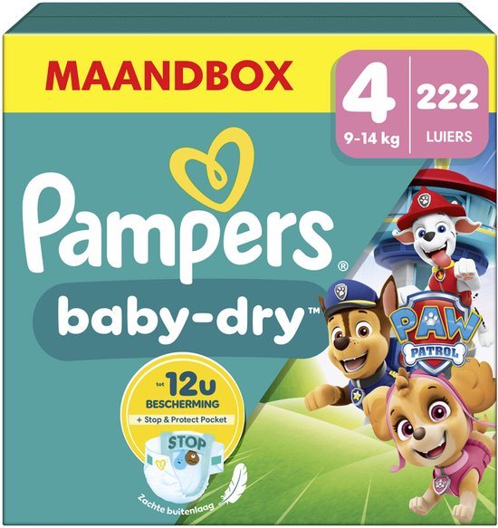 Pampers Baby-Dry Paw Patrol-editie Maat 4, 222 Luiers, 9kg-14kg