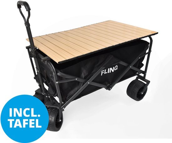 FlinQ Bolderkar tot 130 KG Incl. Tafel - Opvouwbaar - Strandkar met Duwstang en Bolderkartafel - Inklapbare Bolderwagen voor Strand - 100L Inhoud met Draaibare Wielen - Zwart