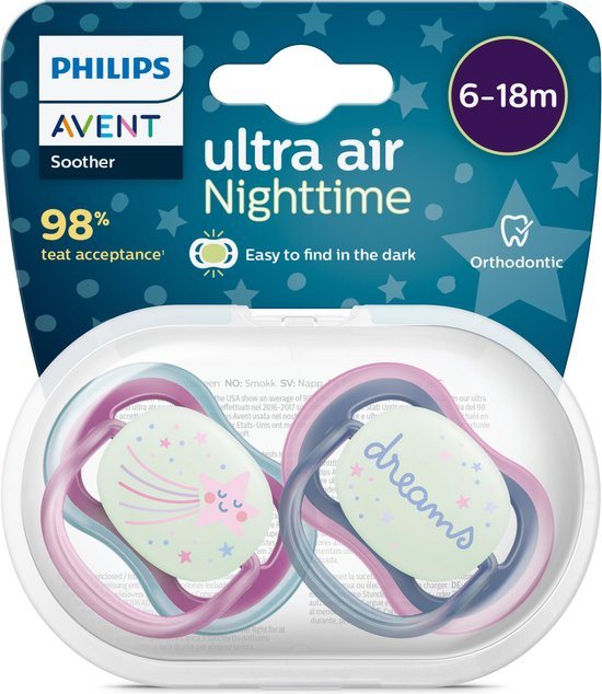 Philips Avent Ultra Air Nighttime Glow in the Dark Fopspeen - 6 tot 18 Maanden - 2 Speentjes - Paars/Donkerblauw Ster/Dreams - SCF376/14