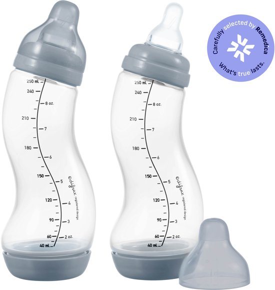 Difrax 250 ml Anti Koliek Natural Babyfles - 2 Stuks - Grijs