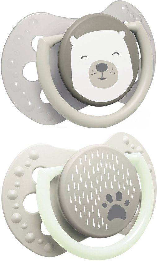 Difrax LOVI Dynamische Fopspeen - Newborn - Grijs & Glow in the dark - 2 Stuks