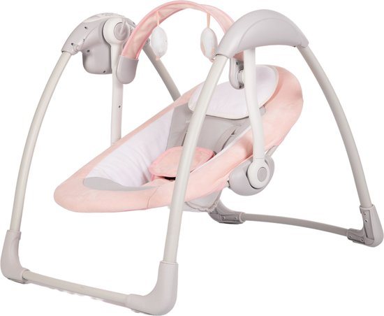 Bo Jungle - Schommelstoel - Swing Baby - Tot max. 9 kg - Inclusief Speelboog - Verstelbaar - Zachte stof - Muziek vibratie functies en natuurgeluiden - Timerfunctie - Netstroom kabel of batterijen - Plooibaar - Portable Swing Dolphy Grijs Roze
