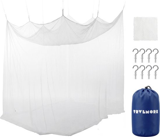 TRVLMORE Klamboe 1 of 2 Persoons - Muggennet XXL - Muskietennet Incl. Opberghoes en Ophangset - met Ophangkoord - Reisklamboe - Wit