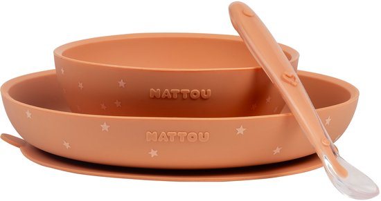 Nattou SILICONE Serviesset Voor Kinderen Silicone 3 Stuks - 19,2 cm - Terracotta Patroon