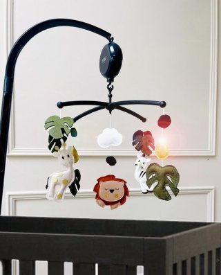 Muziekmobiel Jungle Dieren - Baby Boxmobiel - Gouden Details - Zwarte Muziekmobiel Houder - Muziekdoosje - 10 Melodieën