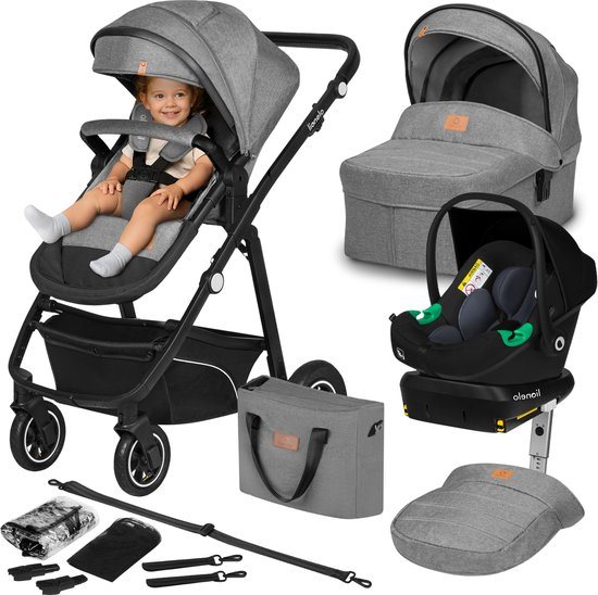 Lionelo Bianka - Kinderwagen 4 in 1 - incl. Autostoel & ISOFIX Basis - 0-22kg - XXL - Buggy 4in1 - Verstelbare Duwstang - Opvouwbaar - Accessoireset - XXL Zonnekap - Gelagerde Wielen - Reiswieg - Volledige Vering