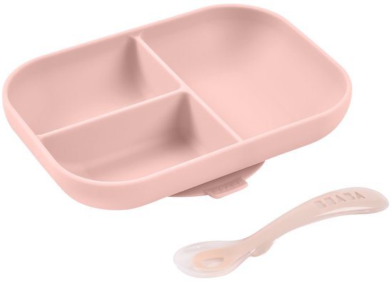 Béaba Siliconen Eetset - Bord met 3 Vakjes en Lepel - Kinderservies met Zuignap - Vaatwasserbestendig Kinderservies - Roze
