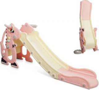 Rockerz Premium Glijbaan - Voor binnen en buiten - Speelplezier gegarandeerd - Opvouwbaar - Veilige dichte trap - Ringen spel - Basketbal ring (inclusief bal) - Muziek beertje - Kleur: Roze