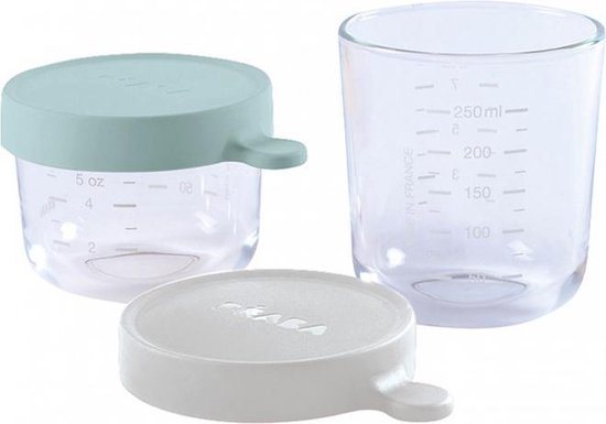 Béaba Glazen Bewaarpotjes – Set van 2 – 150ml & 250ml – Grijs/Blauw – Hittebestendig & Luchtdicht