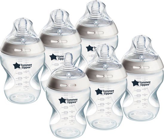 Tommee Tippee Natural Start Babyflessen, 0m+, babyflessen set van 6, 260ml, speen in de vorm van een borst voor een natuurlijke zuigwijze, lage stroomsnelheid, zelfsteriliserend en BPA-vrij, Baby Feeding Essentials