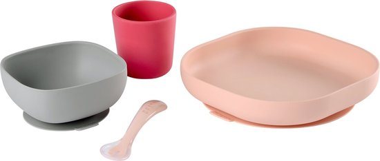 Béaba Silicone Maaltijdset - Kinderservies - 4-delig - Zuignap Kom, Bord & Lepel - Roze