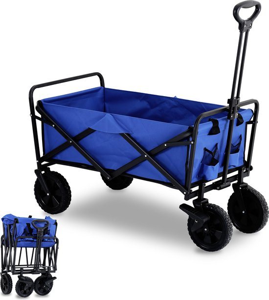 Bolderkar - Opvouwbaar - Bolderwagen - transportkar Kinderenvervoer Bolderkarren Tuinkar Kinderwagen met Duwstang Opvouwbare Draag Kar Bolder Wagen Strandkar Blauw