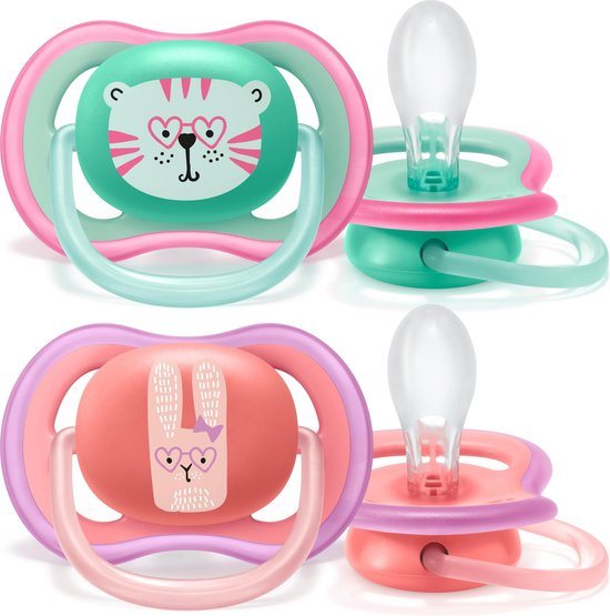 Philips Avent Ultra Air Fopspeen - Ouder dan 18 Maanden - 2 Speentjes - Roze/Groen Poes/Konijn - SCF349/15