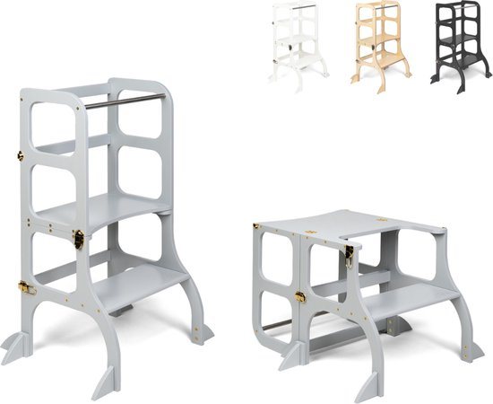 Ette Tete Step 'n Sit - Leertoren - Grijs met gouden clips - Inklapbaar tot tafel en stoel - Met extra support - Learning Tower - Montessori inspired - Keukentrap - Keukenhulp - Leerstoel - Veilig -Duurzaam
