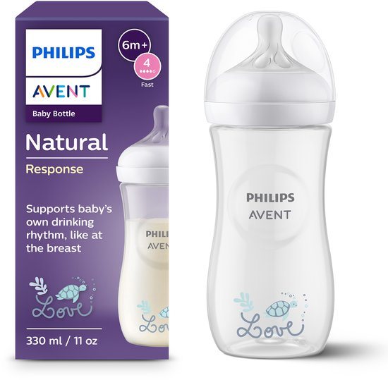 Philips Avent Natural Response babyfles - 1 stuk – 330 ml – flow 4 - schildpad - SCY906/11