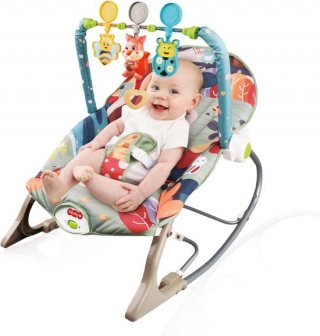 Velox Goods VL-514 Baby- en Peuterstoel – Wipstoel met Trillingen en Muziek – Verstelbare Rugleuning & Speelboog – Inklapbaar & Wasbare Bekleding – Grijs/Beige – Geschikt vanaf 3 Maanden tot 18 kg
