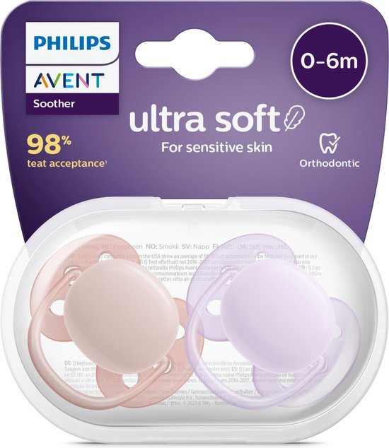 Philips Avent Ultra Soft Fopspeen - 0 tot 6 Maanden - 2 Speentjes - Roze/Paars - SCF091/31