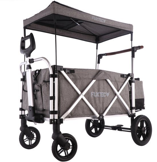 FUXTEC Super Cruiser Opvouwbare Bolderkar FX-CTL900 Premium Grijs met Dak – Inclusief Achtertas met Schoenenvak, Comfort Duwstang & 5-Puntsgordel