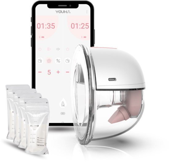 Youha Elektrische Enkele Draadloze Borstkolf Gen 2 - Met app - BPA-vrij - Maat: 26mm & 28mm - Handsfree & Draagbaar - Inclusief Moedermelk bewaarzakjes & E-book