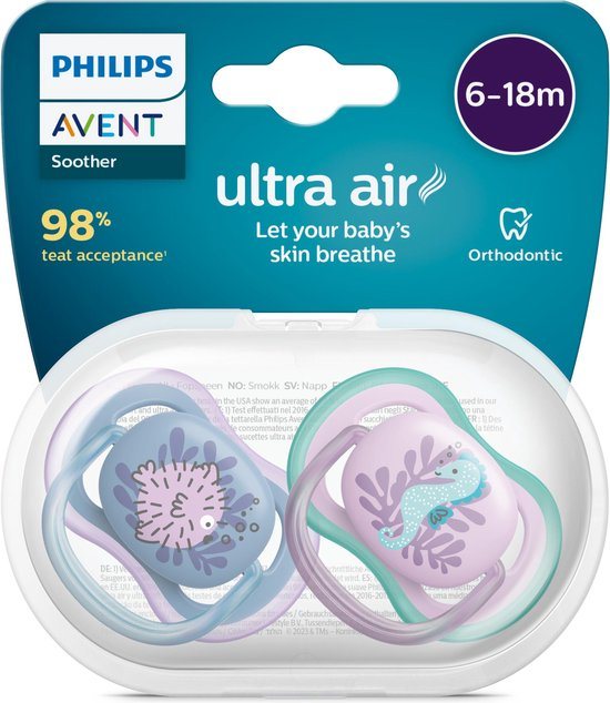 Philips Avent Ultra Air Fopspeen - 6 tot 18 Maanden - 2 Speentjes - Blauw/Roze Vis/Zeepaard - SCF085/61