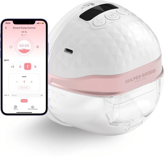 Vulpes Goods® BabyCare - Elektrische Draadloze Borstkolf - Handsfree & Draagbaar - met APP bediening - BPA-Vrij - Incl. Borstschildverkleiners, 30 Moedermelk Bewaarzakjes, Reistas & Kolfdagboek - PRO V2