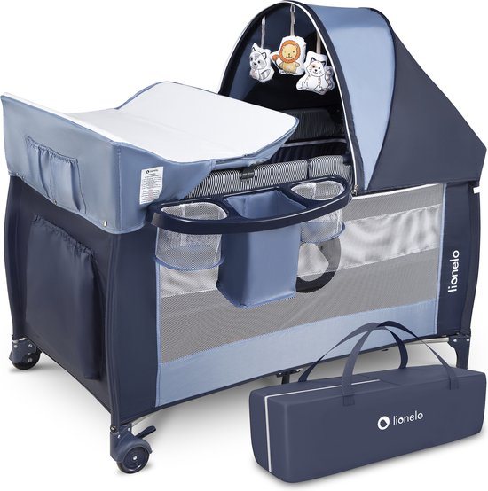 Lionelo Sven Plus 2in1 Meegroeibed & Campingbedje - 127x60 cm - Tot 15 kg - Co-Sleeper - Reisbed met Commode, Organizer, Klamboe en Interactief Speelgoed