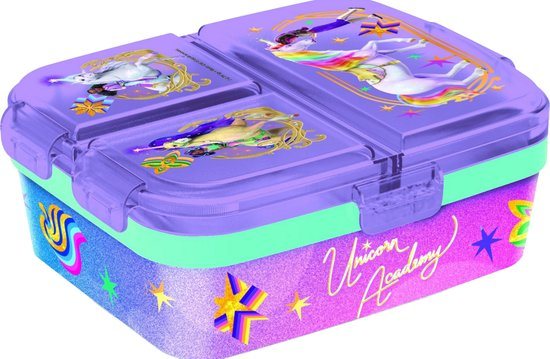 Unicorn Academy Kinderlunchbox – Broodtrommel met 4 vakken voor kinderen vanaf 4 jaar - Vaatwasserbestendig & BPA-vrij - Paars