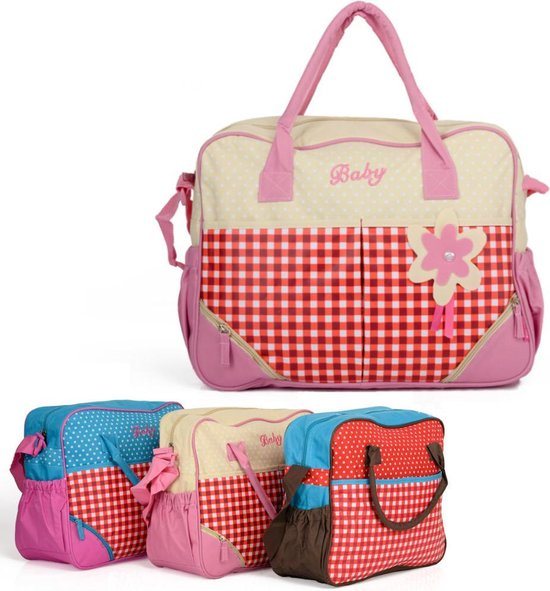 Luiertas - Baby Verzorgingstas Incl. Verschoningsmatje - Flessenhouder - Schoudertas hengsels - Roze - Creme - Rood