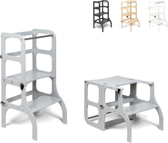 Ette Tete Step 'n Sit - Leertoren - Grijs met zilveren clips - Inklapbaar tot tafel en stoel - Learning Tower - Montessori inspired - Keukentrap - Keukenhulp - Leerstoel - Veilig -Duurzaam