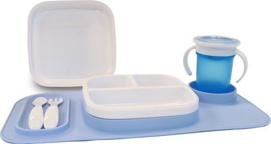 Deryan Quuby Set - Placemat - Plate Set - kinderservies - Drinkbeker - Blauw/Wit