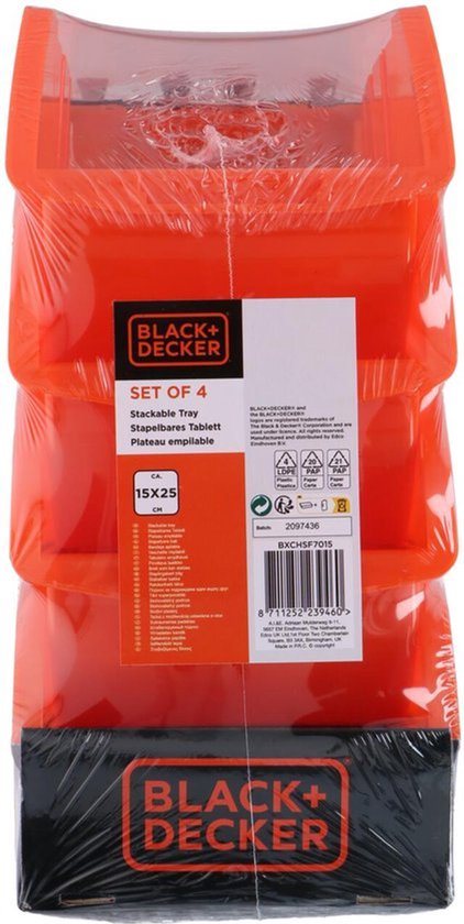 BLACK+DECKER Stapelbare Organizer Bakjes - 4 Stuks - Ideaal voor Gereedschap, Make-Up en Bureau Organisatie - 15 x 24 CM - Kunststof - Oranje