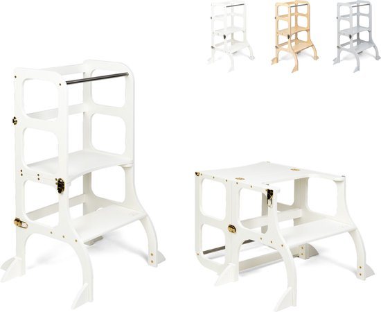 Ette Tete Step 'n Sit - Leertoren - Wit met gouden clips - Inklapbaar tot tafel en stoel - Met extra support - Learning Tower - Montessori inspired - Keukentrap - Keukenhulp - Leerstoel - Veilig -Duurzaam