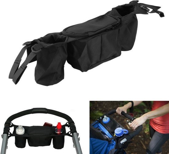 Kinderwagen buggy organizer met bekerhouder universeel grijs - Flessenhouder - Luiertas kinderwagen - Universeel - Buggy organizer - Fleshouder