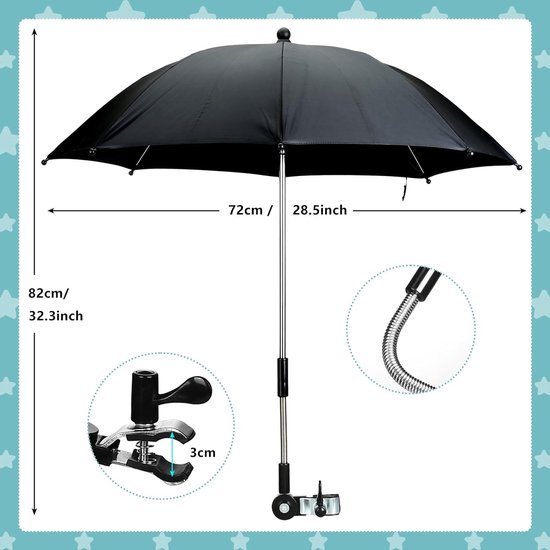 Universele parasol voor kinderwagens UV-bescherming 50+ zonwering voor buggy kinderwagenparaplu 72 cm diameter paraplu zwart