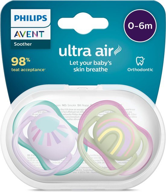 Philips Avent Ultra Air Fopspeen - 0 tot 6 Maanden - 2 Speentjes - Paars/Groen Zon/Regenboog - SCF085/59