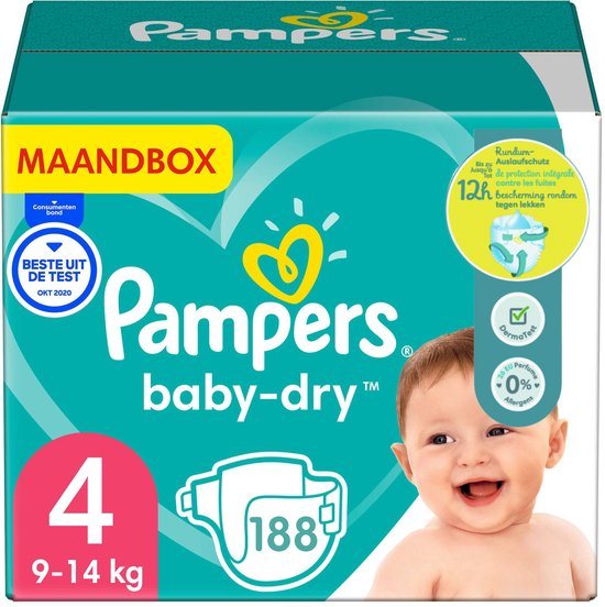 Pampers - Baby Dry - Maat 4 - Maandbox - 188 luiers - 9/14 KG