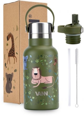 VANN 100% RVS kinderdrinkfles 2.0 - Met rietje en RVS dop - Schoolbeker en drinkfles voor kinderen in 1 - Jungle