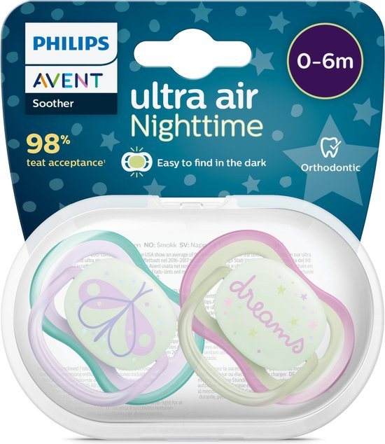 Philips Avent Ultra Air Nighttime Glow in the Dark Fopspeen - 0 tot 6 Maanden - 2 Speentjes - Paars/Groen Vuurvlieg/Dromen - SCF376/19