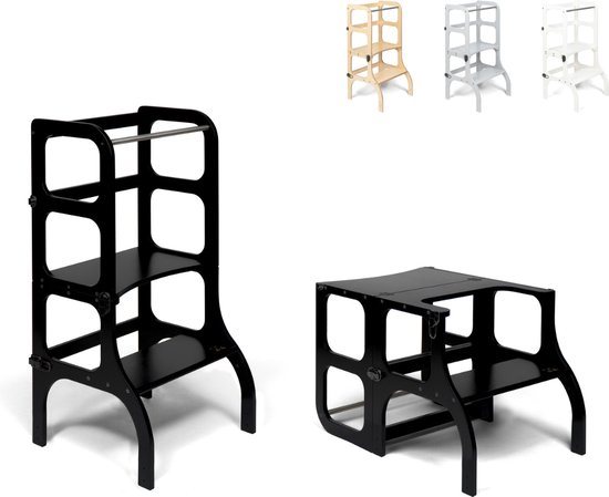 Ette Tete Step 'n Sit - Leertoren - Zwart met gouden clips - Inklapbaar tot tafel en stoel - Learning Tower - Montessori inspired - Keukentrap - Keukenhulp - Leerstoel - Veilig -Duurzaam