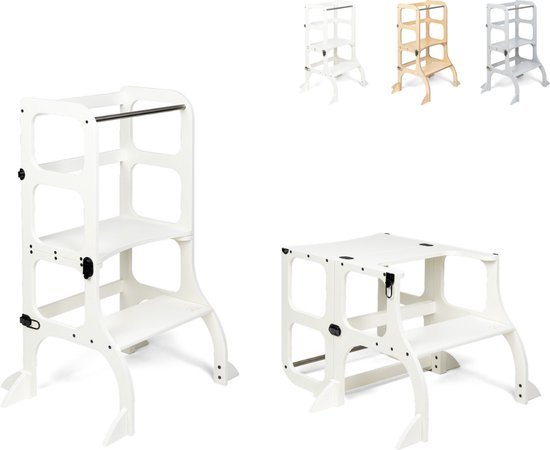 Ette Tete Step 'n Sit - Leertoren - Wit met zwarte clips - Inklapbaar tot tafel en stoel - Met extra support - Learning Tower - Montessori inspired - Keukentrap - Keukenhulp - Leerstoel - Veilig -Duurzaam