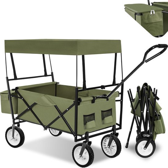 tectake® Opvouwbare Handkar met Dak - Transportwagen, Opvouwbare Wagen, Tuinwagen, Strandwagen - Inclusief Achtertas en Extra Draagtas - Tot 80 kg - 2 Houders voor Drankjes - Groen