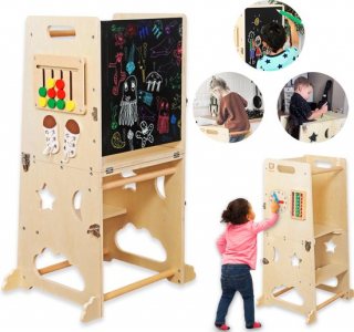 Di&To Leertoren - Met Krijtbord - Hout - Learning Tower - Kindertrapje Keukenhulp - Leer Toren Opvouwbaar - Montessori Leertoren - Inclusief klok, rekenhulp, veters strikken, kleurensortering