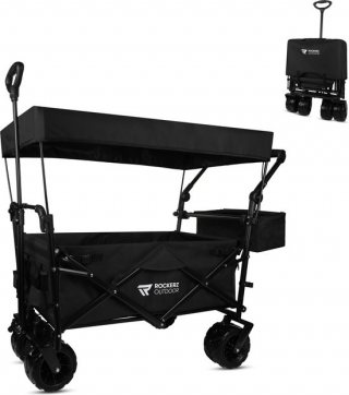 Rockerz Bolderkar met dak - Bolderwagen opvouwbaar - Met duwstang - 120L - Inclusief veiligheidsriemen - Handige opbergvakken - Zwart
