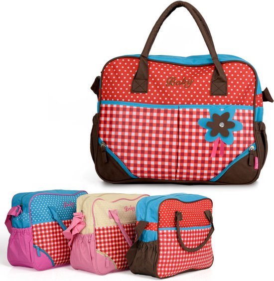 Luiertas - Baby Verzorgingstas Incl. Verschoningsmatje - Flessenhouder - Schoudertas hengsels - Blauw - Rood - Bruin