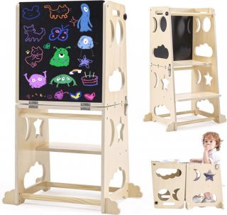 Activekidz 3-in-1 Leertoren - Leertoren Keukenhulp - Learning Tower - Montessori - Peuters - Houten kindertafel - Krijtbord Kinderen