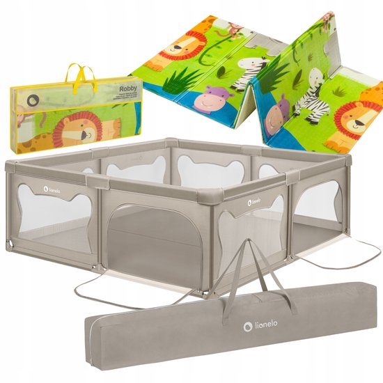 Lionelo Willow Grondbox XL + Bijpassende Speelmat - 187x207 cm - voor Binnen & Buiten - Grote - Veilige - Antislip & Twee Zij-ingangen - Inclusief Draagtas - Baby Box + Speelkleed - 0 48 maanden