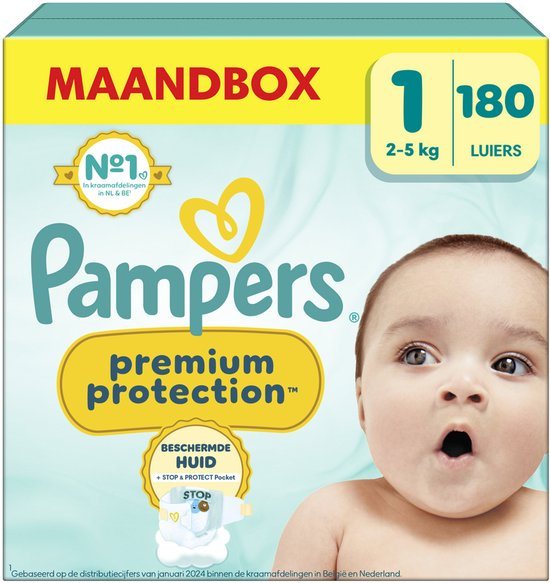 Pampers Premium Protection Maat 1, 180 Luiers, 2kg-5kg